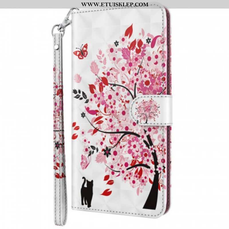 Etui Folio do Moto G71 5G Różowe Drzewo I Czarny Kot